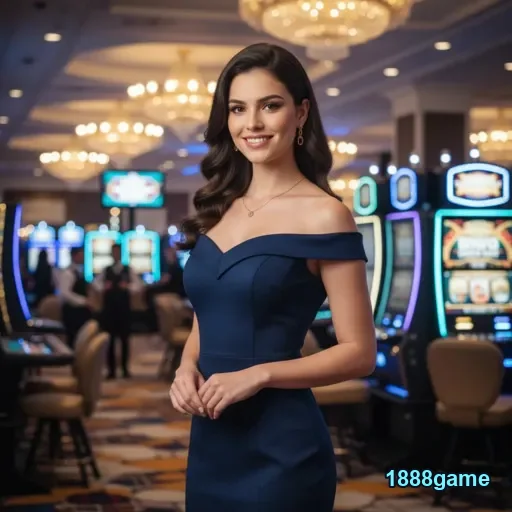 A anfitriã VIP no cassino da 1888game, em ambiente sofisticado.