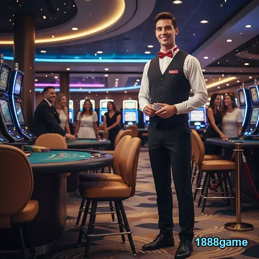 Dealer ao vivo no cassino 1888game interagindo com jogadores.