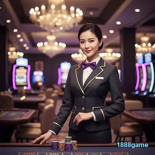 Dealer profissional em cassino 1888game com fichas na mesa.