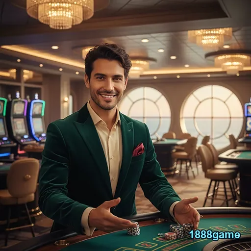 Dealer sorridente no cassino online 1888game, pronto para jogar.