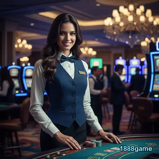 Dealer sorridente em mesa de cassino no 1888game.