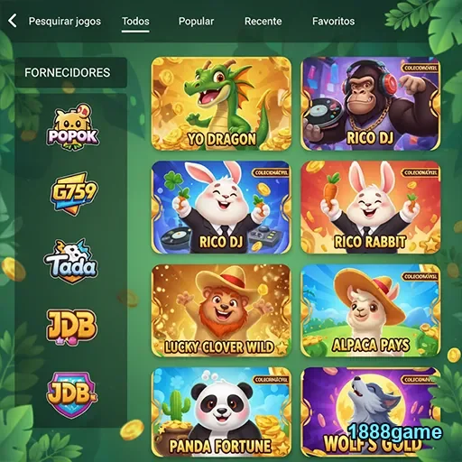 Interface de jogos de slots no 1888game com variados provedores.