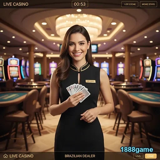 Interface de cassino ao vivo com dealer brasileiro no 1888game.