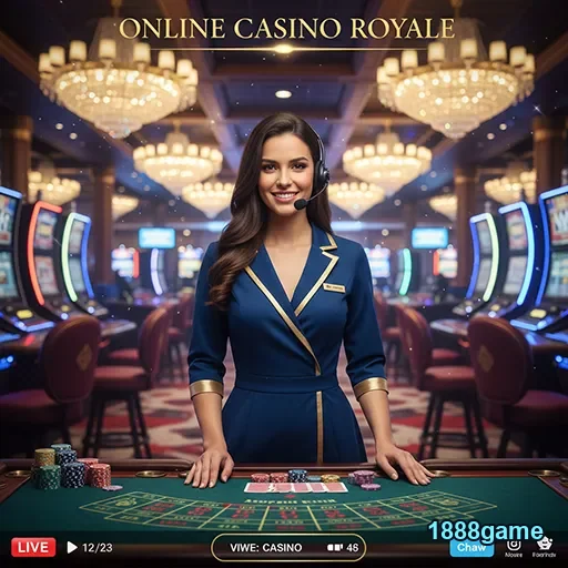 Dealer ao vivo no cassino online da 1888game, com mesas iluminadas.