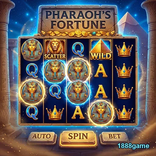 Jogo de slots 'Pharaoh's Fortune' na 1888game mostrando elementos.